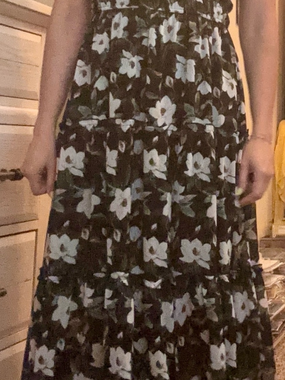 Mi Ami Black White Green Midi Dress with White Floral and Green Leaf Print